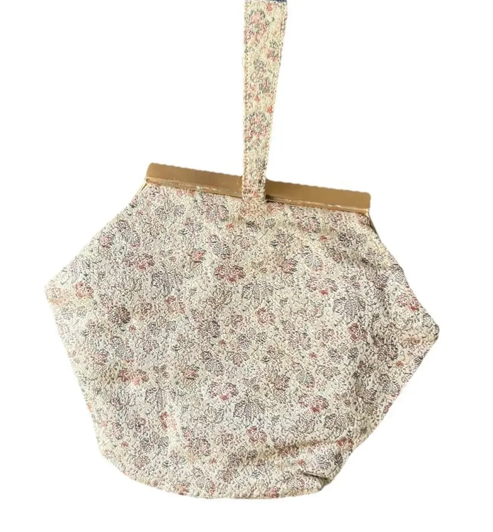 Vintage 1950s Floral Tapestry Wristlet Evening Purse Brass Frame Mid Century